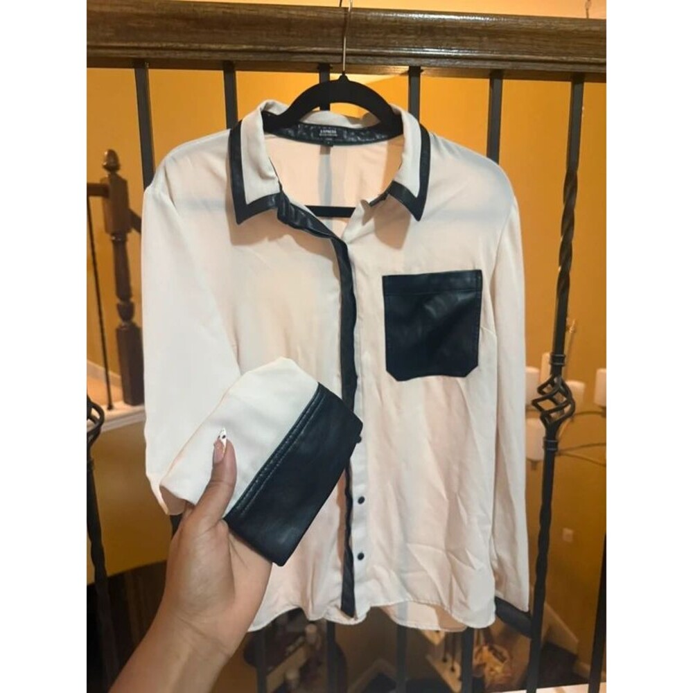 Express Relaxed Portofino Faux Leather Trim Button Down Shirt